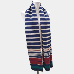 Blue warm winter scarf with multi-colored horizontal stripes
