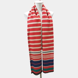 Red warm winter scarf with colorful stripes