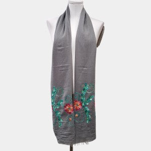 Dark grey summer scarf with colorful floral embroidery