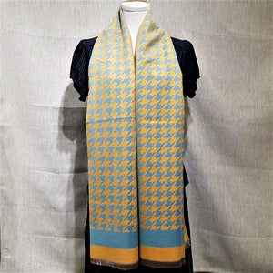 Yellow rectangular scarf with blue checkered print 