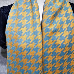 Detailed view of Yellow rectangular scarf with blue checkered print 