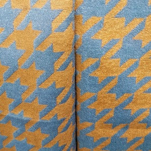 Another detailed view of Yellow rectangular scarf with blue checkered print 