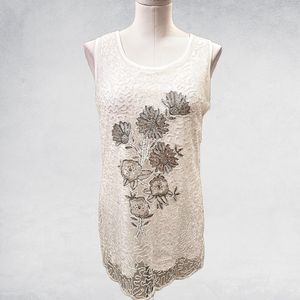 Full view of white top with silver and white sequin work