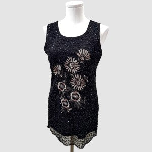 Sleeveless black formal top with embroidery and sequence 