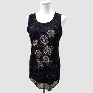 Sleeveless black formal top with embroidery and sequence