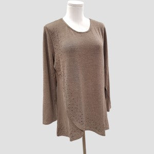 Long sleeve top in taupe color with studs and asymmetric hemline
