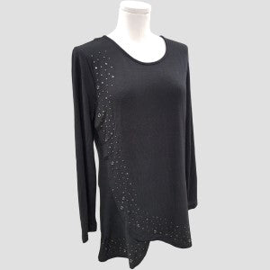 Long sleeve top in black color with studs and asymmetric hemline