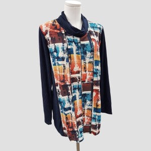 Top with graphic multi-colored print and cowl neckline