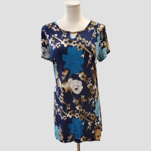 Blue short sleeve top with colorful floral print