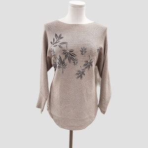 Taupe color sweater with stone embellished leaf motif