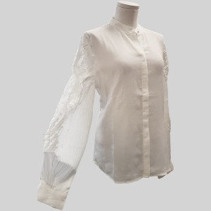 White dressy long sleeve top with embroidered net sleeves