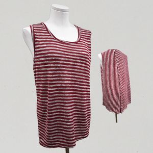 Sleeveless top with grey and burgundy stripes
