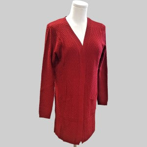 Open front long sleeve cardigan in red with pockets