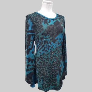Long sleeve top in turquoise blue with multi-colored print