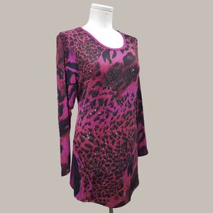 Long sleeve top in magenta color with multi-colored print