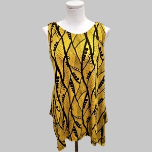 Yellow with black print, sleeveless summer top with round neckline, decorative shoulder detail