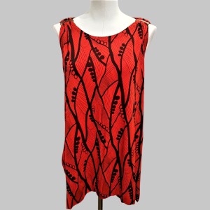 Red with black print, sleeveless summer top with round neckline, decorative shoulder detail