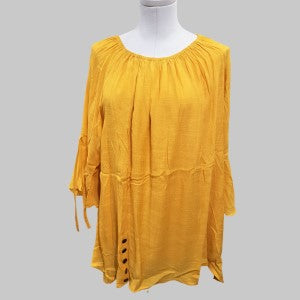 Front view of yellow summer top, elastic round neckline, three-quarter length sleeves