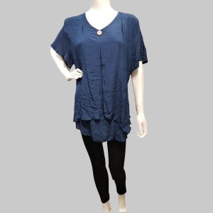 Front view of blue, short sleeve , layered top