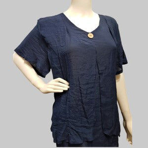 Side view of blue, short sleeve summer top