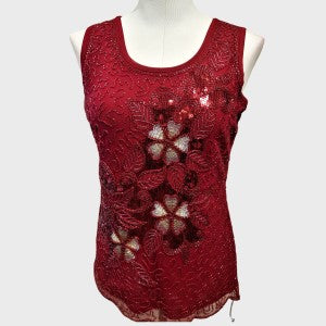 Full view of red sleeveless sequin top