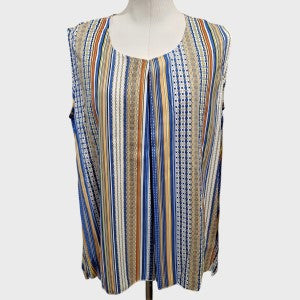 Full view of sleeveless layered top in multi-colored print