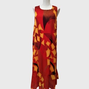 Full view of red and yellow colorful print long summer dress