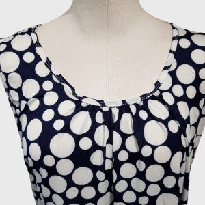 Neckline of dress in black and white dotted print 