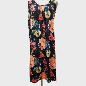 Full view of dress in black with colorful floral print