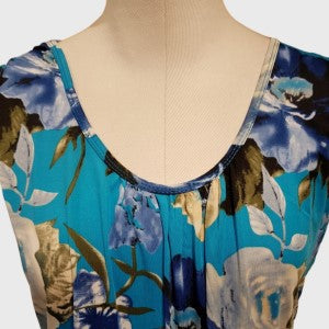 Neckline of turquoise floral dress