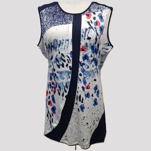 Full front view of sleeveless top in multi-colored print