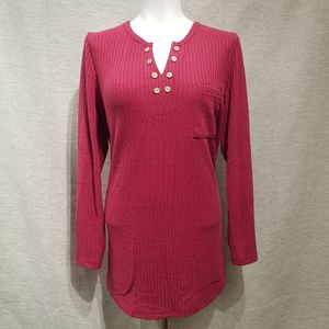 Full view of magenta top with notch neckline