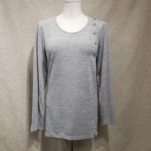 Full view grey long sleeve top with round neckline