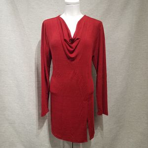 Full view of red long sleeve top with cowl neckline