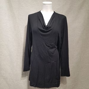 Full view of long sleeve black top with cowl neckline