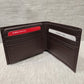 Open view of flap wallet in brown for men