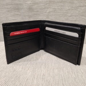 Opened view of Black wallet for men with zipped bill compartment