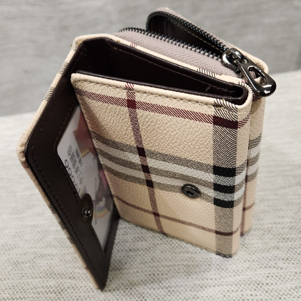 Small wallet in beige with colored plaid pattern when opened