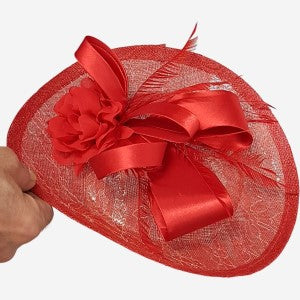 Fascinator comb in red cambric with ribbon and feathers
