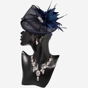 Fascinator in navy blue cambric with feathers and bow 