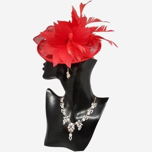 Fascinator in red cambric with feathers and bow