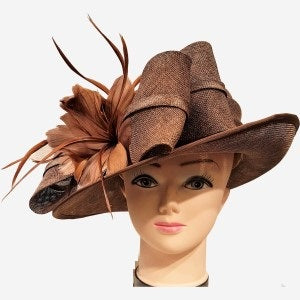 Formal dress hat in brown with bow and feathers