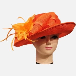 Front view of formal dress hat in orange 