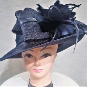 Front view of formal dress hat in black with bow and feather
