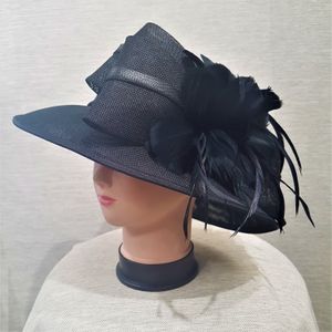 Side view showing bow and feather embellishment on black dress hat