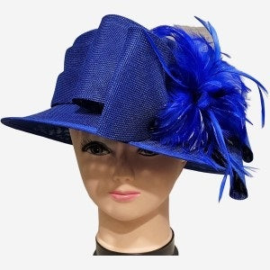 Formal dress hat in bright blue embellished with feathers
