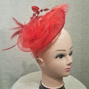 Red cambric with feathers fascinator