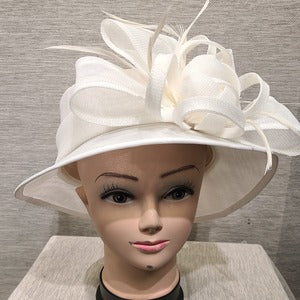 Front view of formal dress hat in white with mid size rim