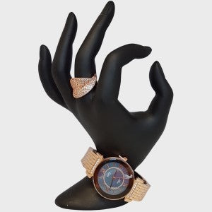 Elegant rose gold bangle watch with blue inner dial