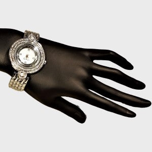 Stone studded silver wrist watch with white inner dial